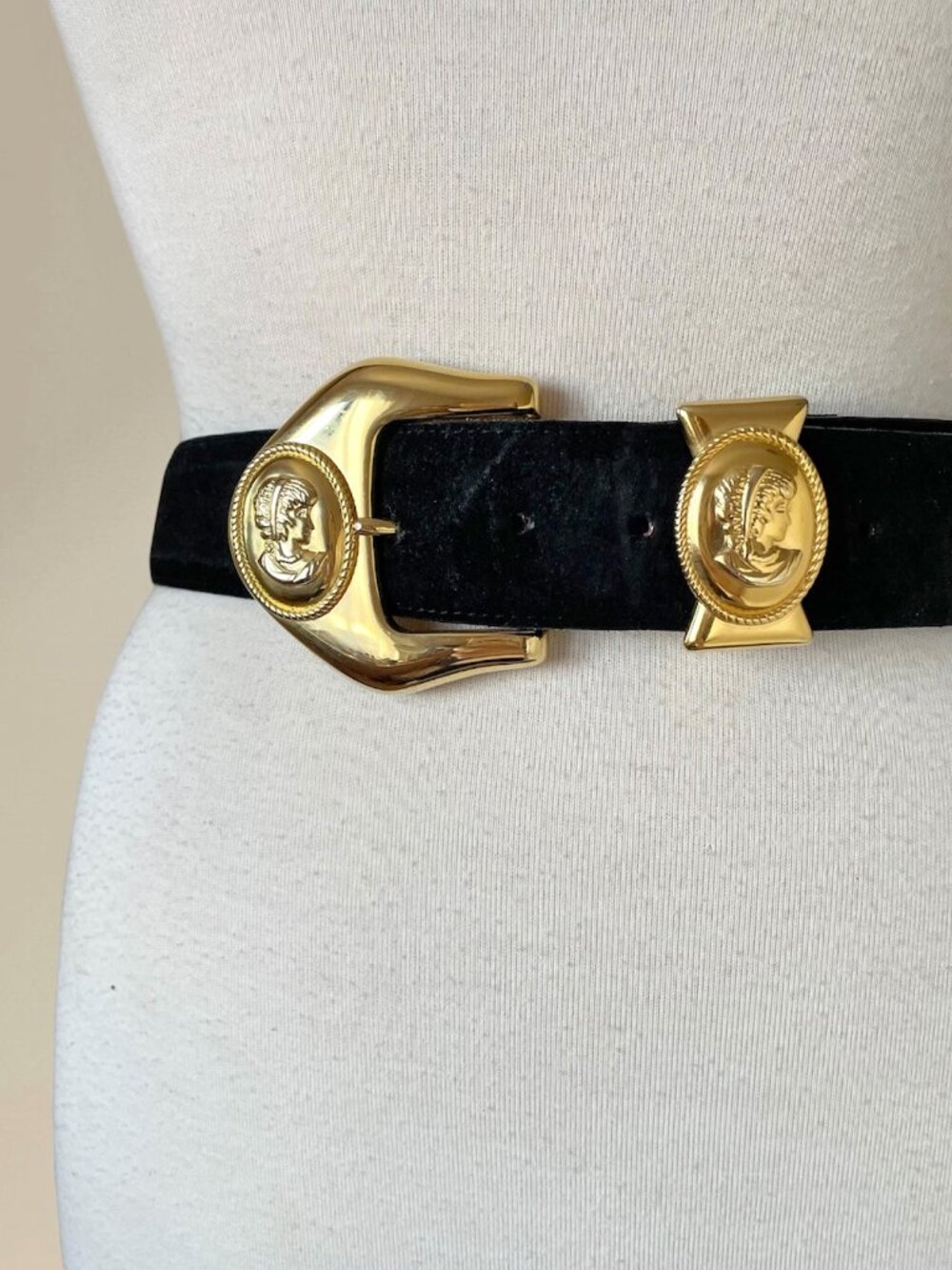 Vintage 90s Black Suede Wide Belt with Gold Tone Cameo Faces Buckle